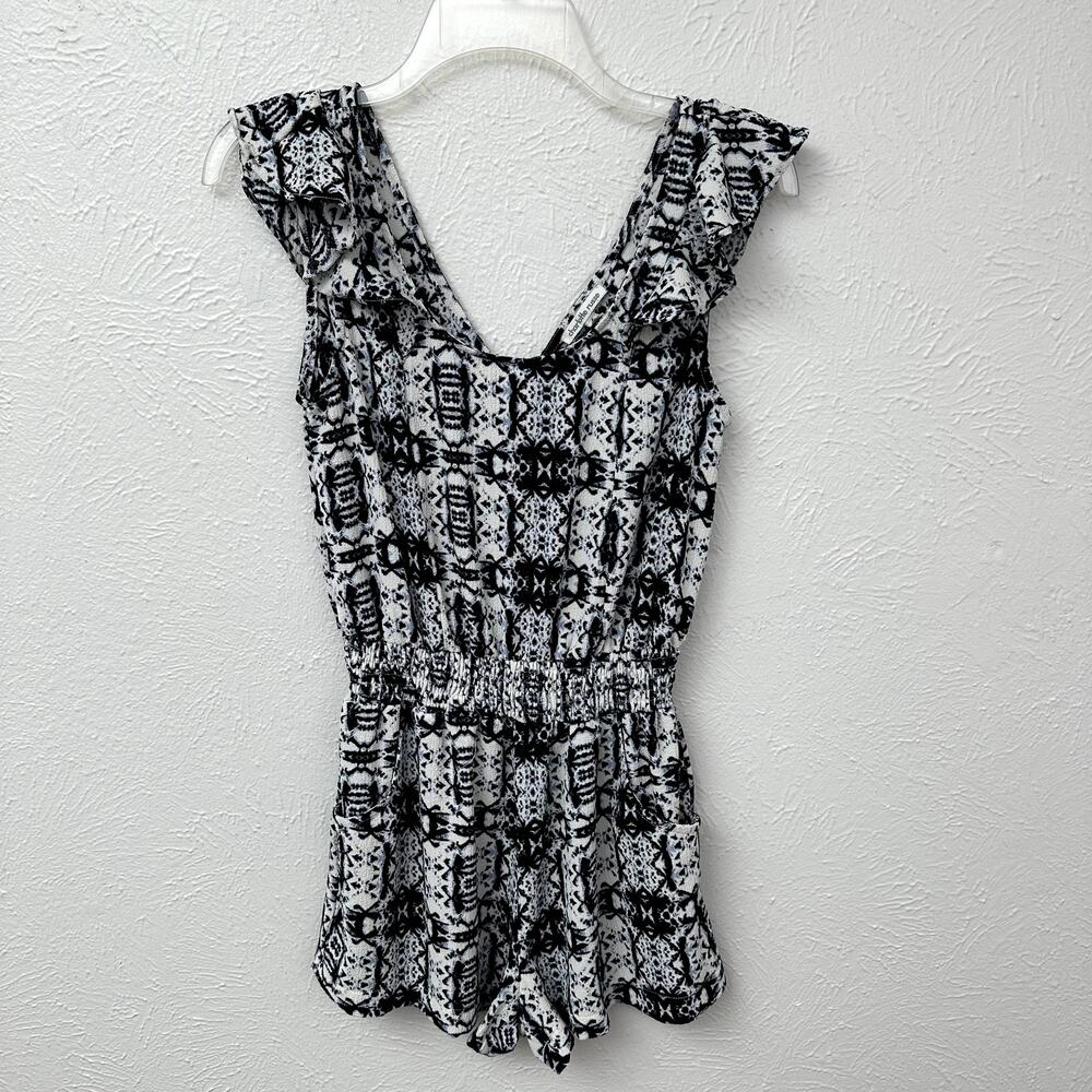 Charlotte Russe Dark Blue and White Print Flutter Sleeve Romper
